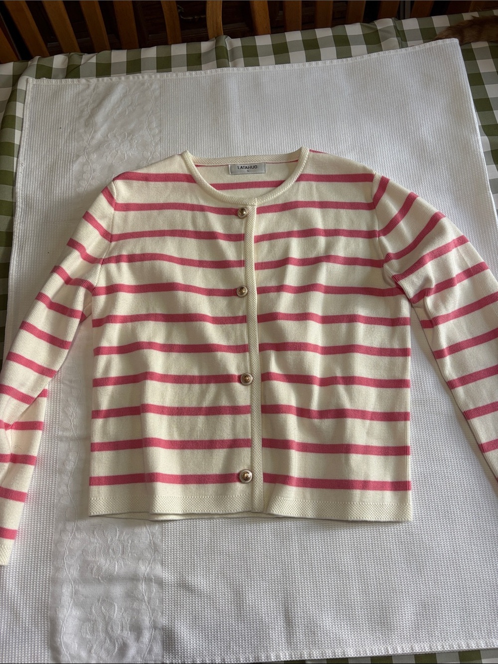 LATAHUO WOMEN’S PINK AND WHITE STRIPED CARDIGAN SWEATER